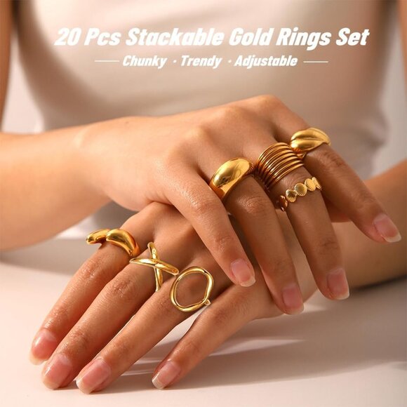 Chunky Gold Rings Set - 20 Stackable Rings in Adjustable Designs for Women - Picture 3 of 9